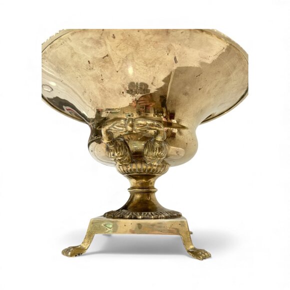 Vintage Ornate Brass Pedestal Bowl with Claw Feet and Faces - Picture 10 of 17